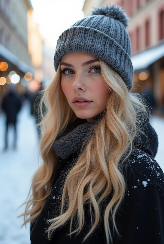 professional portrait photograph of a gorgeous Norwegian girl in winter clothing with long wavy blonde hair, sultry flirty look, gorgeous symmetrical face, cute natural makeup, wearing elegant warm winter fashion clothing, ((standing outside in snowy city street)), stunning modern urban environment, ultra realistic, concept art, elegant, highly detailed, intricate, sharp focus, depth of field, f/1. 8, 85mm, medium shot, mid shot, (((professionally color graded))), bright soft diffused light, (volumetric fog), trending on instagram, hdr 4k, 8k