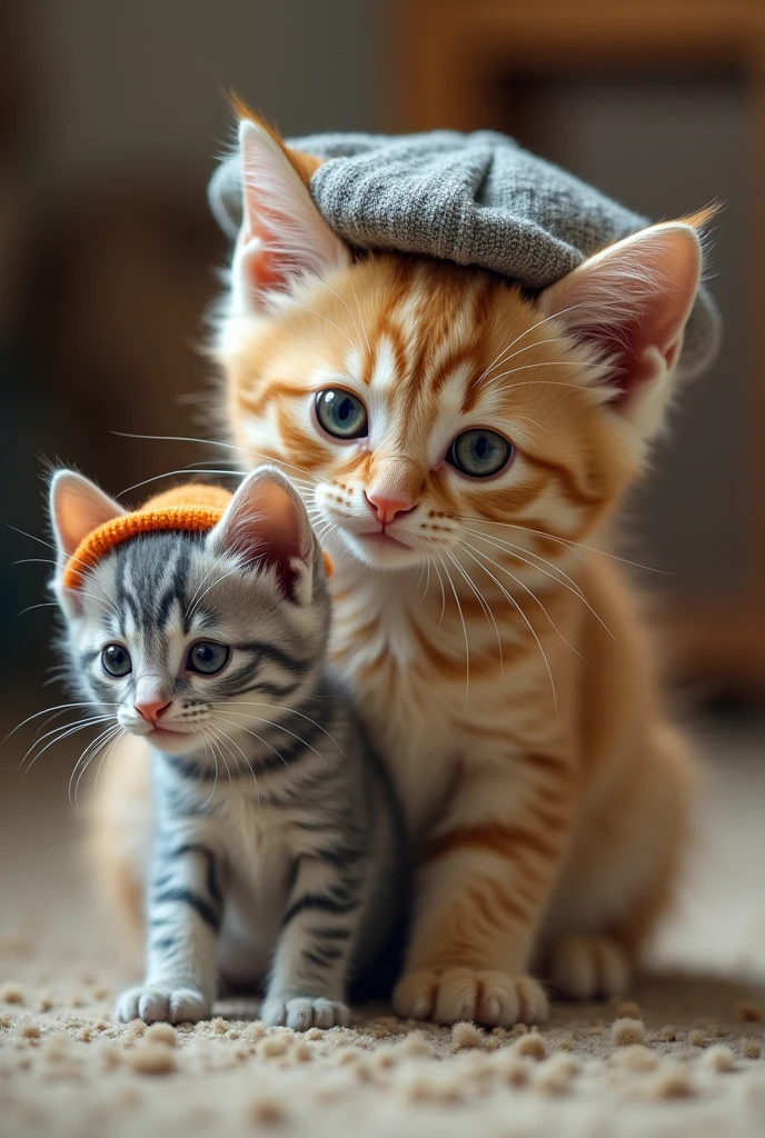 A beige cat with grey hat takes a kitten with blue fur and an orange hat to his home