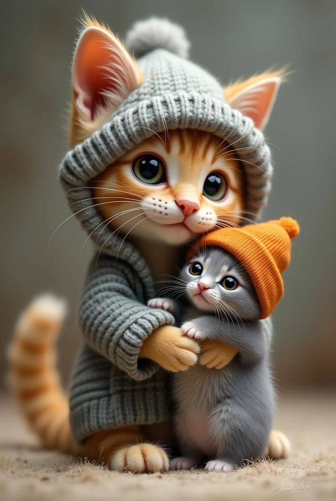 A beige cat with grey hat takes a kitten with blue fur and an orange hat to his home