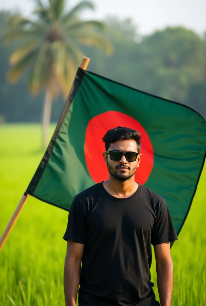 a bangladeshi man wearing sunglasses and a black t shirt, standing in front of a big green field. His skin color is white. Photos focus on the man who carried flag with full body. He is holding a bangladeshi flag.
