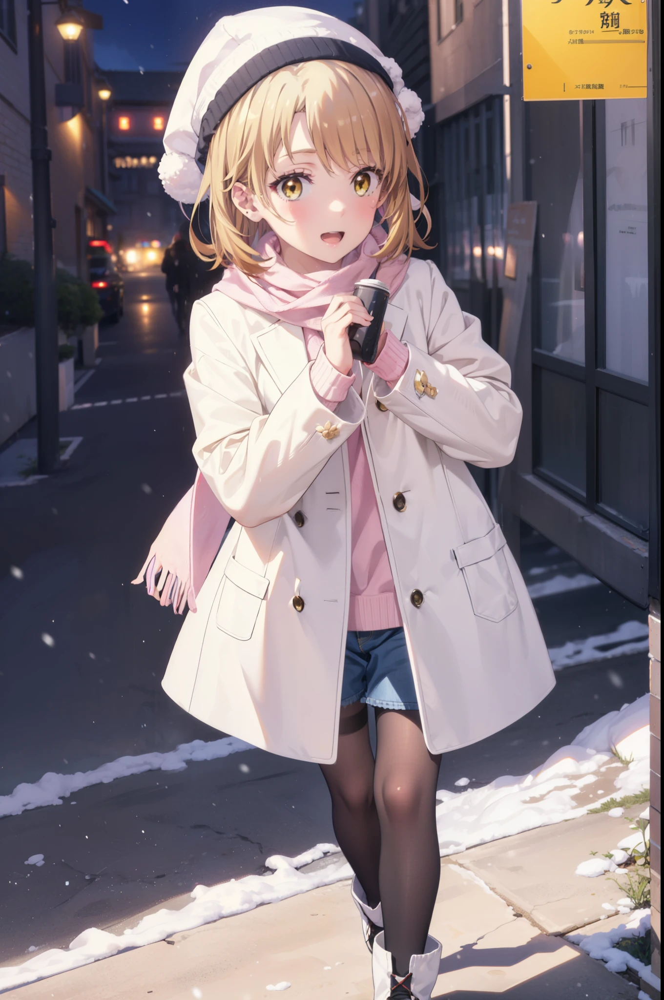 Irohaisshiki, isshiki iroha, short hair, Brown Hair, (Brown eyes:1.5), smile,Open your mouth,White Breath,low twin tail,Knitted hat,White scarf,Yellow long coat　Open front,Pink v-neck sweater,Short denim,Black pantyhose,short boots,Walking,snowが降っている,snowが積もっている,moon,night,snow,snow,snow,snow,whole bodyがイラストに入るように,　　　　　　　　　break outdoors, Building district,
break looking at viewer,whole body,
break (masterpiece:1.2), Highest quality, High resolution, unity 8k wallpaper, (figure:0.8), (Beautiful attention to detail:1.6), Highly detailed face, Perfect lighting, Highly detailed CG, (Perfect hands, Perfect Anatomy),