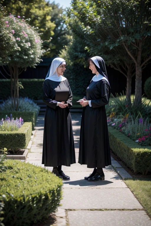 Two middle aged nuns in their blac costumes talking to each other in a garden daylight 