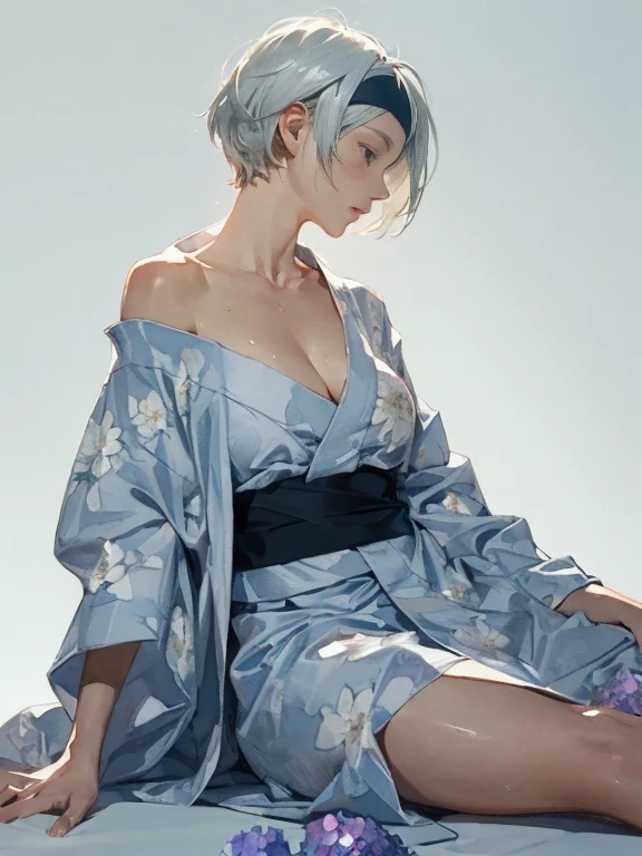 {(sensual look:1.4),(erotic face:1),(very ecstasy:1.2),(writhing:1.4),half open eye},BREAK,{(realistic photo graphic style:1.4),(watercolor image:1.2),(sketch drawing),overall light color}{(simple configuration:1.1),(profile:1.2),(look away:1.2)},BREAK,{(simple light_blue background:1.4),(hydrangea:1.4),(cast a shadow on the background:1.4)},BREAK,{(black headband:1.4),(colorful floral large pattern on ivory colored yukata:1.4),(disheveled yukata:1.4)},BREAK,{(clavicle:1.2),(cleavage between breasts:1),(shoulder:1.2),(thigh:1.4),(armpits:1),(sweat on the neck:1.2)},BREAK,{solo, (2B of Nier Automa:1.2)), (white_silver colored hair:1.4), short cut hair, (blue glowing eyes:1,4),(black hairband:1.4)},BREAK,{(masterpiece,best quality, 8K UHD, extremely detailed CG, detailed beautiful face and eyes and skin and hair)}