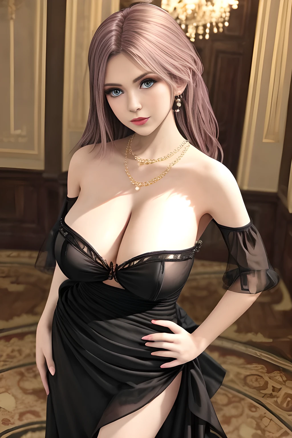 1girl is wearing an elegant black strapless dress. The perspective-dress is beautifully designed with ruching on the bodice and a cascading ruffled asymmetrical hem, adding a playful and chic touch to the outfit. The person is standing upright, with one hand gently touching their leg and the other hand relaxed by their side. The background is plain and neutral, drawing attention to the dress itself. The lighting is soft, highlighting the details of the dress and creating a fashionable and stylish atmosphere,, huge breasts, elise