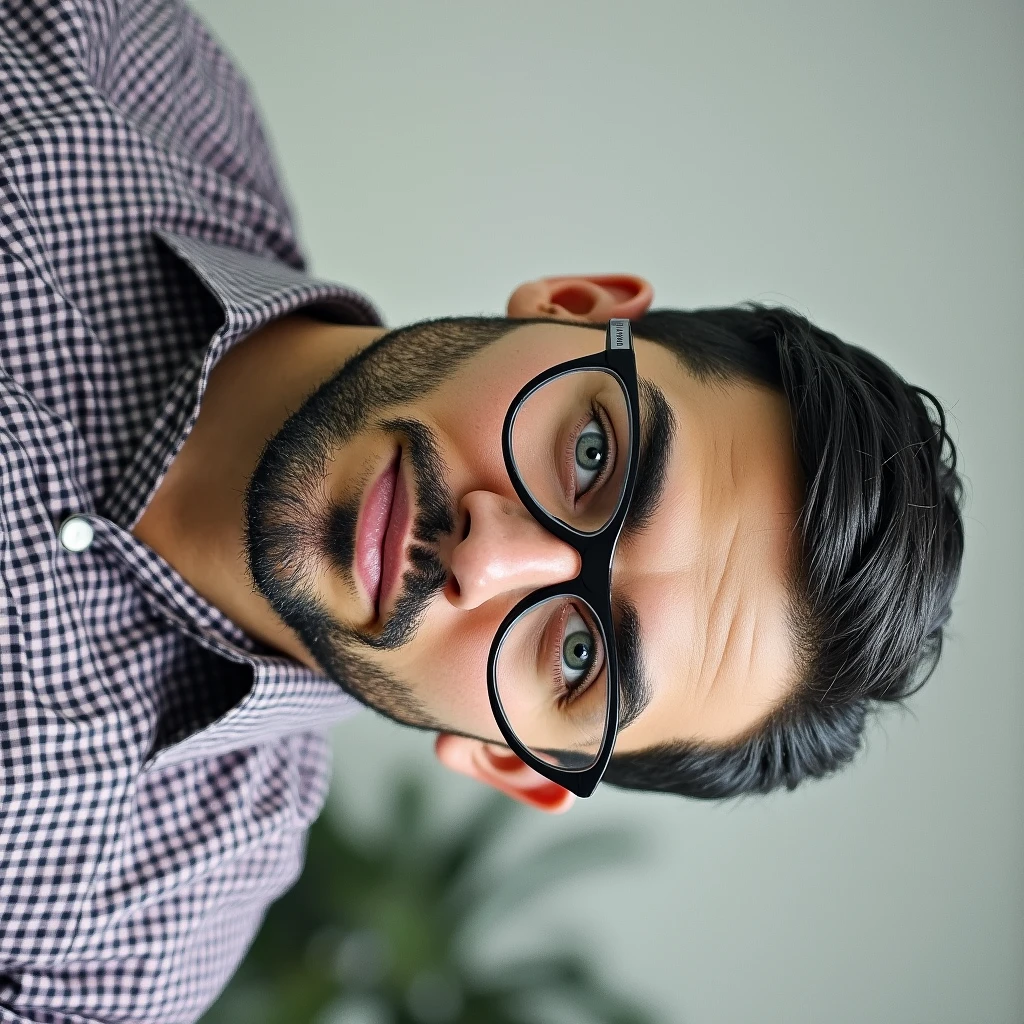 Dark-haired man with round glasses, black hair, high quality checked shirt