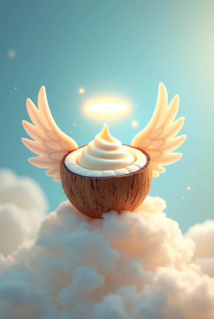 A coconut candy brand with an empty coconut with angel wings and a halo 