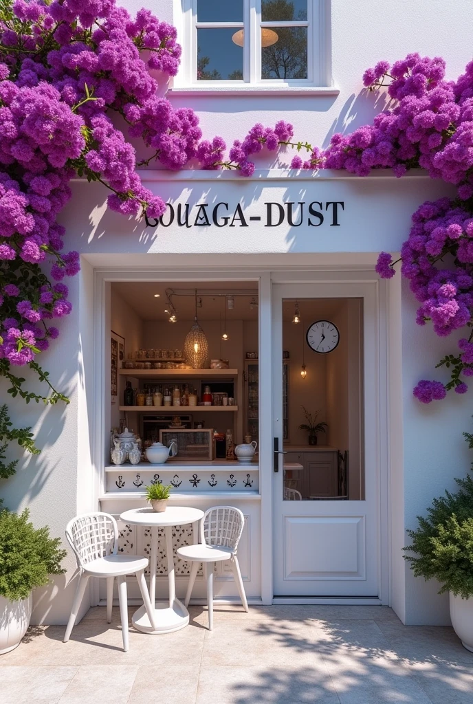 A white tea shop with purple details that has the name BOUGA-DUST on it that doesn't have tables with bougainvillea flowers outside