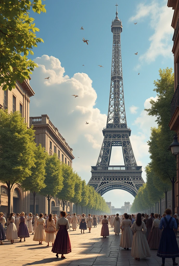 The Eiffel Tower and the peasants and the Arc de Triomphe in the background