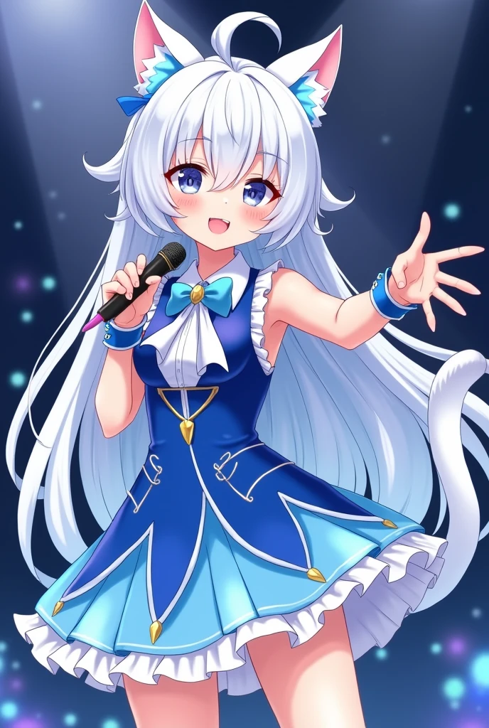 a drawing of a magical girl with anime aesthetics who is an idol with long white hair and cat ears and tail, wearing a short skirt and with a microphone in her hand singing, The dress is very striking and colorful in blue and white tones, with white ears and tail, and the hair has soft light blue highlights, In the background there are lights and sparkles as if I were at a concert,