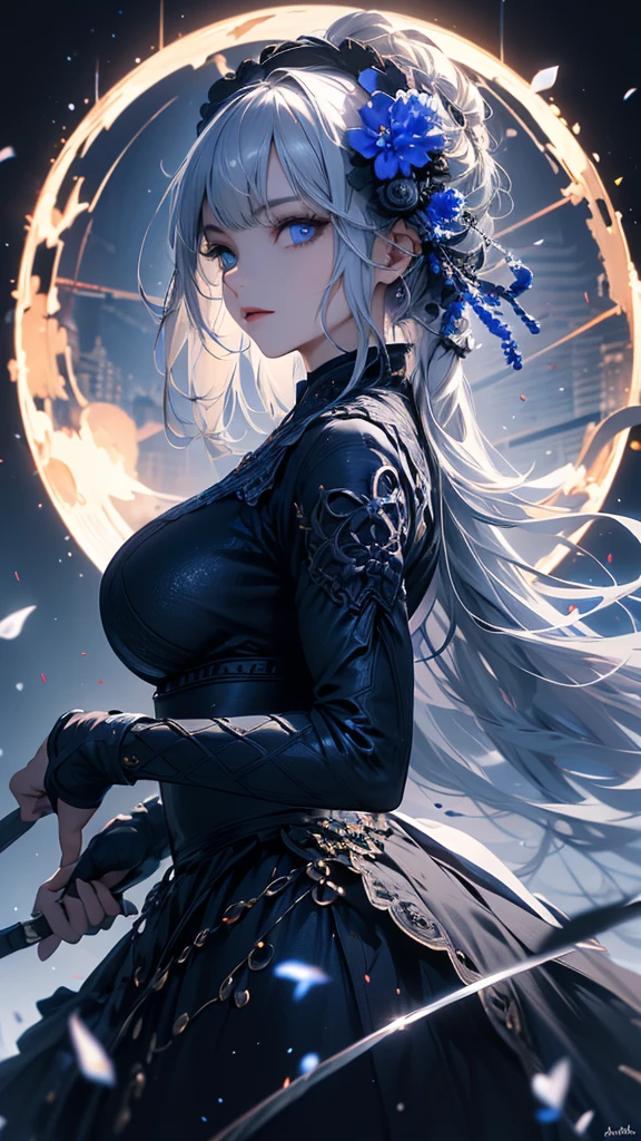 masterpiece, high quality, 4K, Beautiful design, silhouette，Gray Hair， 非常に詳細な夜のStarry Sky,Flower Field， wonderful, Finer details,  Very knowledgeable woman, Highly detailed solo, 1 female,blue eyes，Big Breasts，Gothic Lolita Fashion，Night view，Starry Sky，Blue Full Moon，