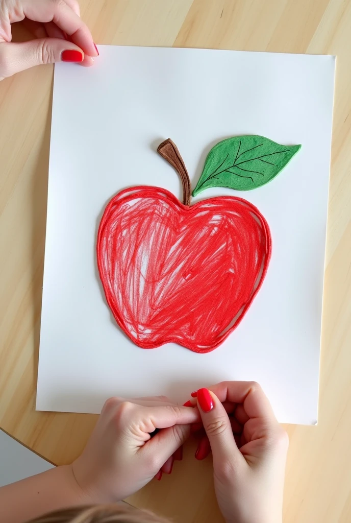 In a photocopy inside a folio, Make the silhouette of the fruit drawing and its name with plasticine. It can be a drawing of an apple inside a transparent sheet of paper., and a child places clay on the edges of his drawing
