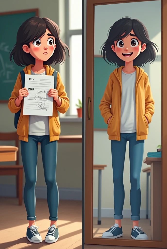 Two images in the first one the girl at school got a bad grade on an exam, In the second one he is in the house in front of the mirror saying with a speech bubble, I may get a bad grade but I'm pretty, and smile