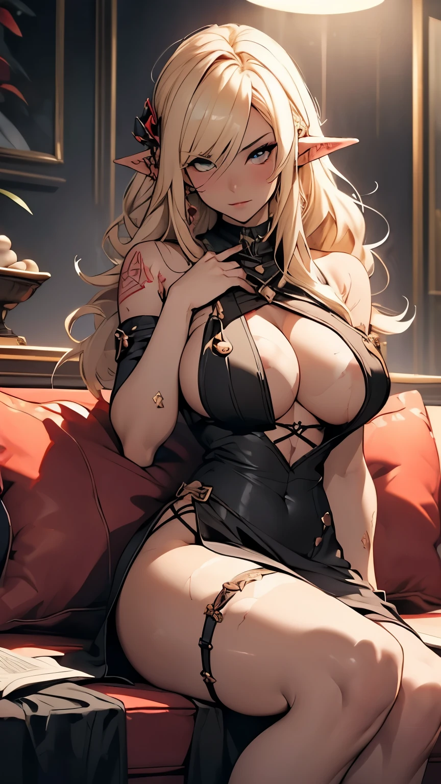 (Blonde)、(Black naked、Dark Elf:1.5)、(Sunburned skin:1.5)、(Huge breasts)、(Black short bodycon mini skirt、Big slit)、Fantasy decoration、(Thigh Tattoo、red and black shoulder tattoo、Black tattoo on chest、Full body tattoos)、(Female Gangster)、Inside the casino、poker、Sit on a plush sofa、(Holding a wine glass)、NSFW、(glamorous、curve、Plump、Thick thighs、Wide Hips)