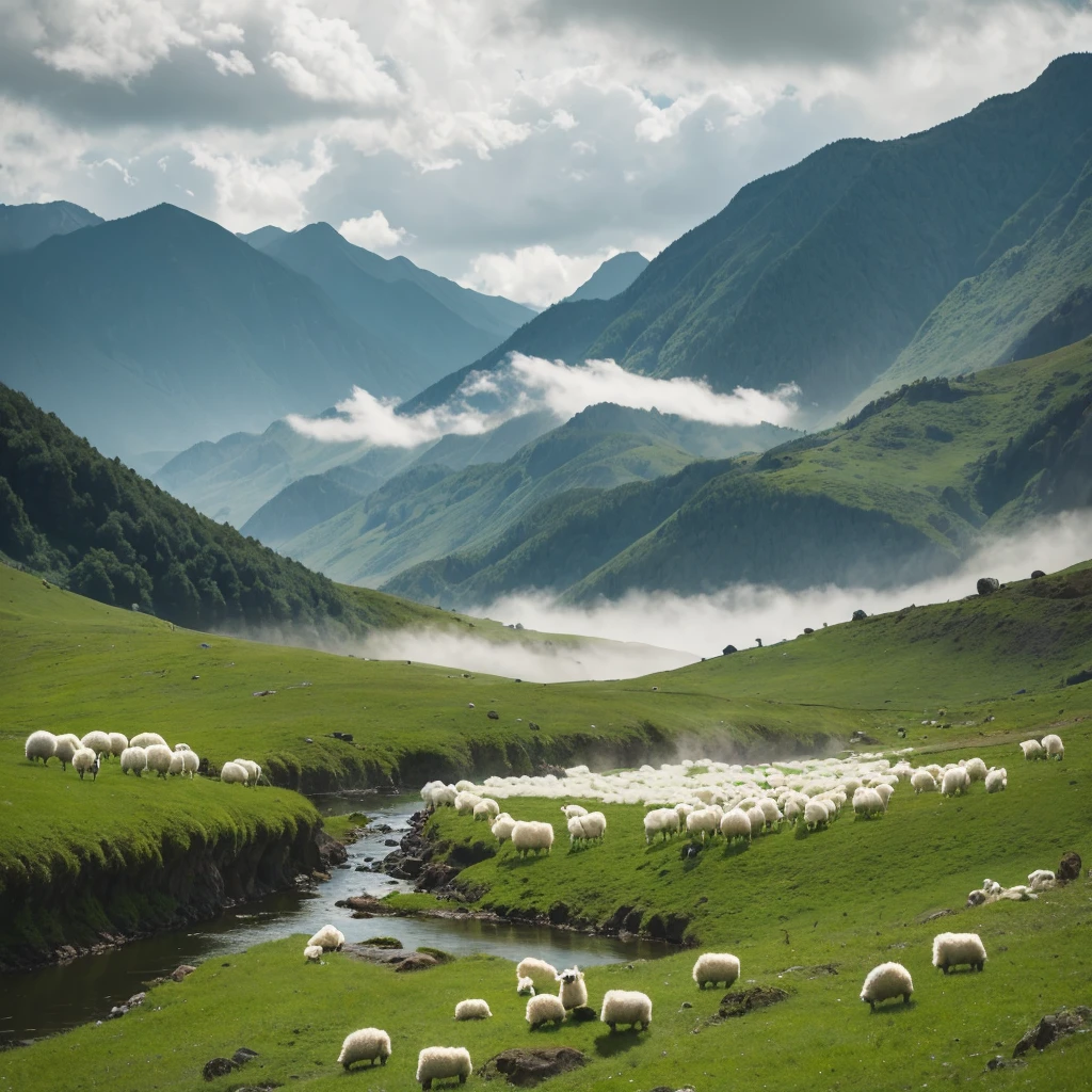 A shepherd rests his flock of white sheep by a stream, Near a vast green pasture, There is a valley of dark clouds in the distance, There's an abyss beneath the valley, Dark Clouds of the Abyss, HD detailed, Super detailed, Soft Light, Deep focus bokeh, Ray Tracing. --v6