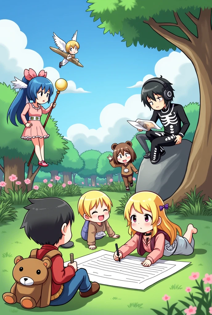 Make a Cartoon style fanart in a garden, where there is a boy sitting with a teddy bear bag sitting next to two girls with blond hair writing the name 雷 On a paper stretched on the floor, then make a boy with black hair wearing a skull suit and headphones on top of a tree, then a girl with angel wings on top of a rock, then one leaning against the tree with blue hair and a pole with a lamp on her back and a boy leaning against it, then make a boy dressed as a bear