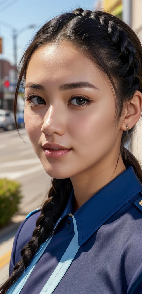 a photo of pretty j3nny-001 (s3stngunf blue uniform:1.2),black pants, long sleeves, photo realistic, looking at viewer, (head and shoulders closeup:1.2). . fcHeatPortrait, (Christina Chong beautiful face, narrowed eyes. smirk. black braided hair,)
