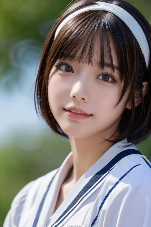 ((masterpiece, Highest quality, High resolution)), 1 Japanese girl, (Realistic: 1.4), Great face, , Glossy lips、White hair band、short hair, (Beautiful Hair:1.5),Sailor suit、See through、School classroom, Side angle, Highly detailed CG composite 8K wallpaper, High resolutionのRAWカラー写真, Professional photography, Light, BackLight, dream-like, impressive, Written boundary depth, (Face close-up:1.5)