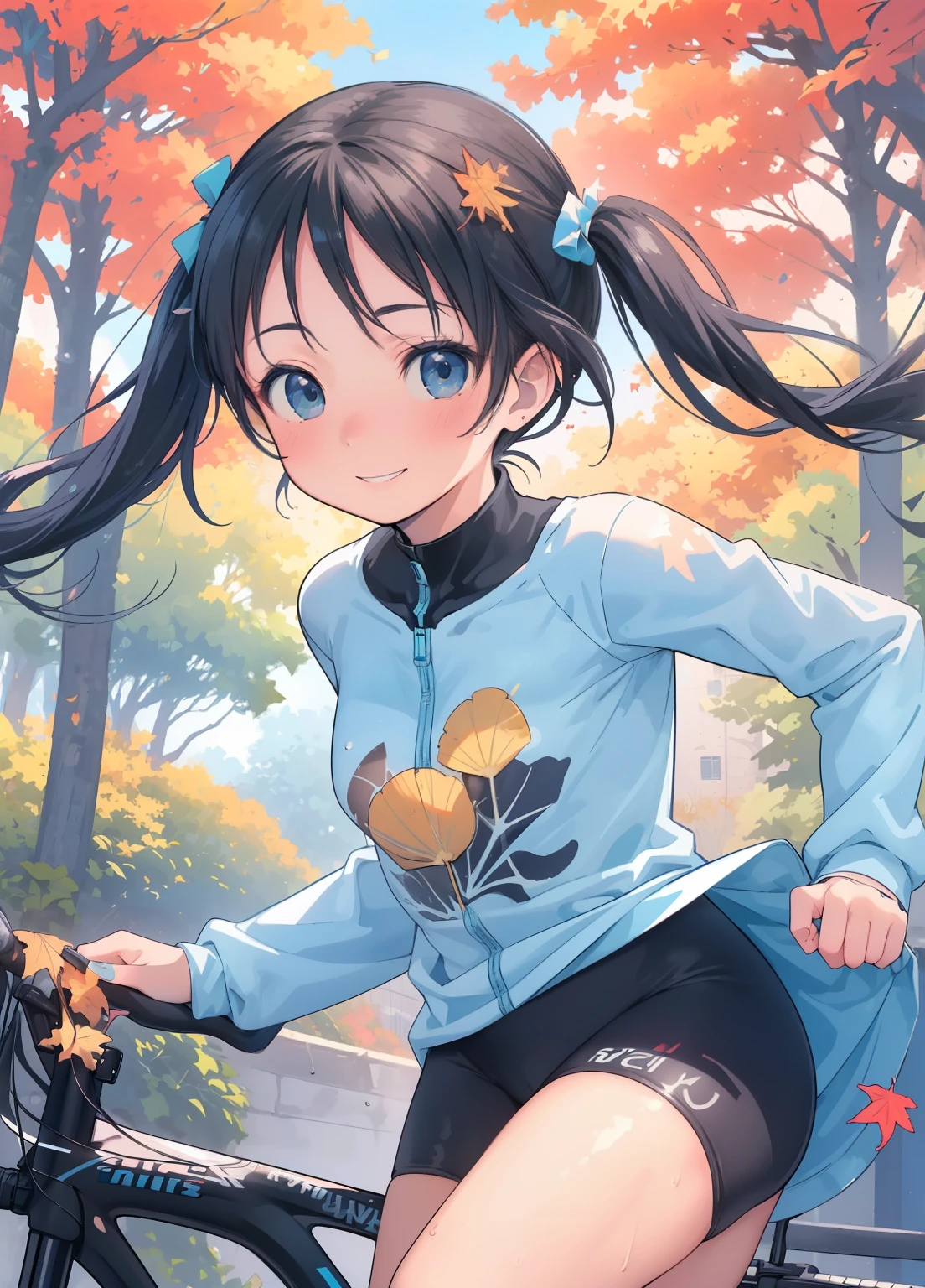 (masterpiece、Highest quality、Highest quality、Official Art、Beautiful and beautiful:1.2)、(One girl:1.3)Hatsune Miku、Twin tails,Beautiful breasts, Katsushika Hokusai,(Realistic), (Intricate details: 1.2), (Tabletop: 1.3), (Highest quality: 1.4), (Ultra high resolution A: 1.2), Ultra high resolution A, (Detailed eyes), (Detailed face), Dramatic lighting, Sharp focus, 1 Beautiful Girl,Beautiful Japanese Idols,(Road Bike Racing Uniform),Teenage girl with perfect bike ride,In addition々Cowardly face, Beautiful Face, smile,Big Ass,Glossy Skin,Perfect hands,Beautiful legs,(Ride a road bike:1.2),Ginkgo tree with leaves,Autumn blue sky,(Leaves fall...),Dynamic Pose,Observe your audience,(Upper body:1.2),