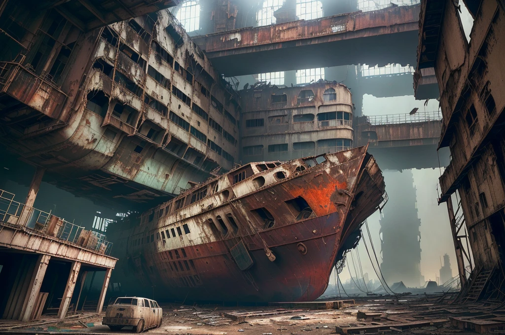 Arafad boat in a dirty building with many windows, abandoned steelworks, an abandoned old, Portrait of a sunken ship, abandoned factory, surreal abandoned buildings, an abandoned, rusted silent hill, dark abandoned cyberpunk factory, full scenery shot, abandoned spaceship, abandoned, In a huge cave iron city, abandoned rocket ship, abandoned rocketship , (low angle shot 1.8) ( Camera shot close to the ground 1.8 )