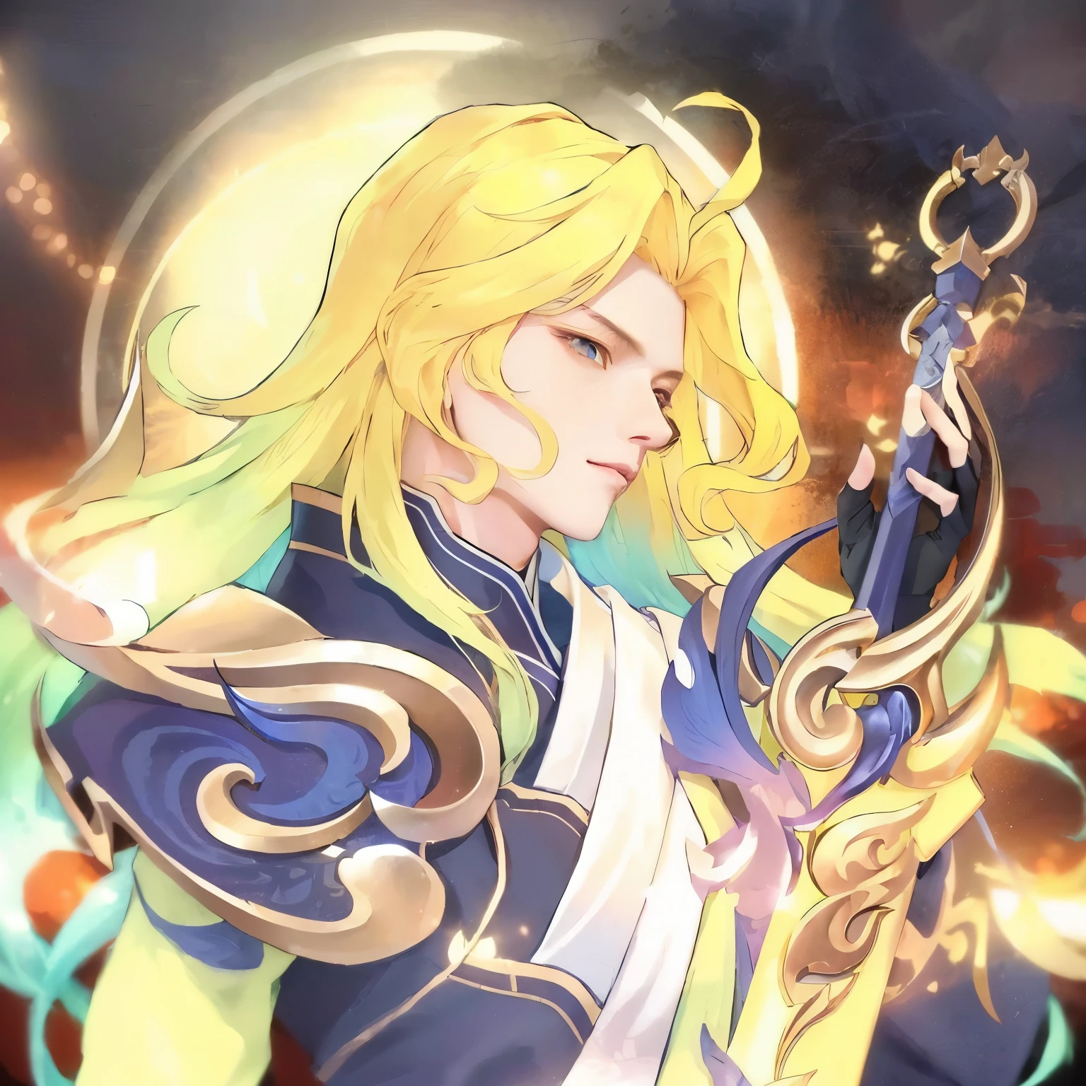 Anime style image of a blond man holding a sword, heise jinyao, 《Genshin Impact》Keqing, 《Genshin Impact》Zhongli, Portrait of the Knights of the Zodiac, Inspired by Huang Shen, Beautiful Celestial Mage, Onmyoji portrait, Genshin Impact角色, Inspired by Yang Jin, xianxia hero, Onmyoji, Main Animation Art