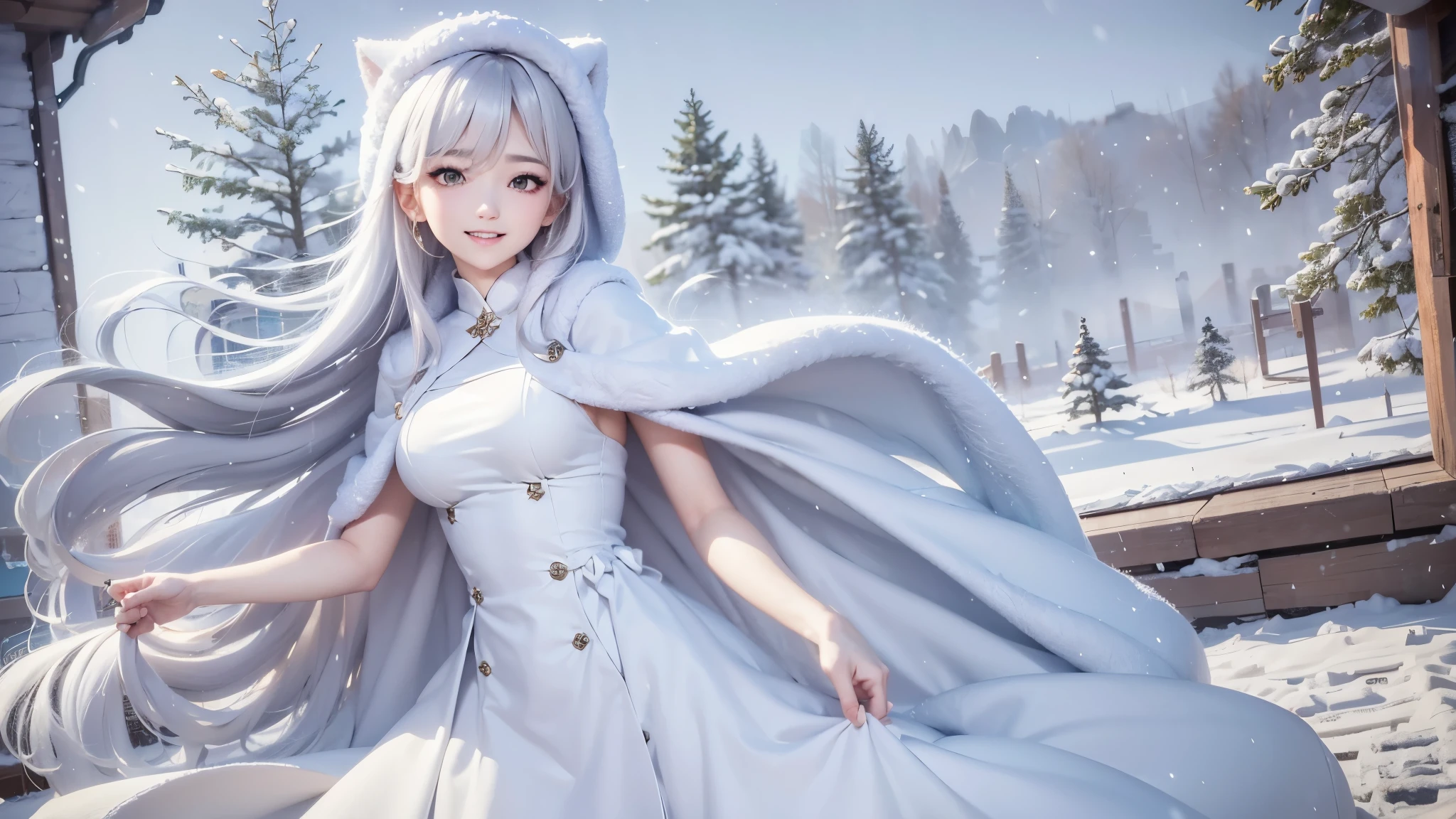 masterpiece、Highest quality、1 girl, winter, white hair, Cute girl, smile, close mouse, medium breasts, white dress, winter clothes, Fur coat、Small waist、Thin legs、outdoors, snow falling, in the forest and 湖