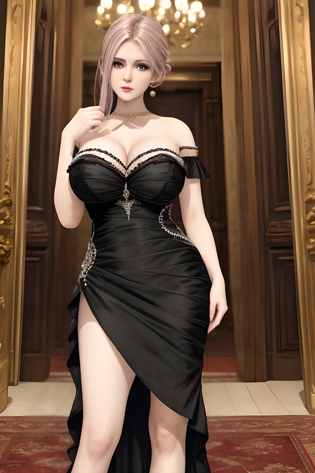 1girl is wearing an elegant black strapless dress. The perspective-dress is beautifully designed with ruching on the bodice and a cascading ruffled asymmetrical hem, adding a playful and chic touch to the outfit. The person is standing upright, with one hand gently touching their leg and the other hand relaxed by their side. The background is plain and neutral, drawing attention to the dress itself. The lighting is soft, highlighting the details of the dress and creating a fashionable and stylish atmosphere,, huge breasts, elise