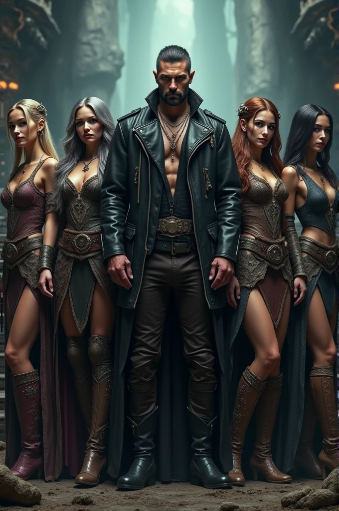 Create a dark fantasy scene featuring a fierce warrior man standing tall in the center. He should fashionable leather jacket. Surrounding him are his four wives, each with unique, warrior attire that reflects their distinct personalities. They should be posed gracefully around him, each showing a blend of regal and mythical elements. The background should be a dark magical, ethereal landscape with hints of a dragon’s lair or a mystical realm
