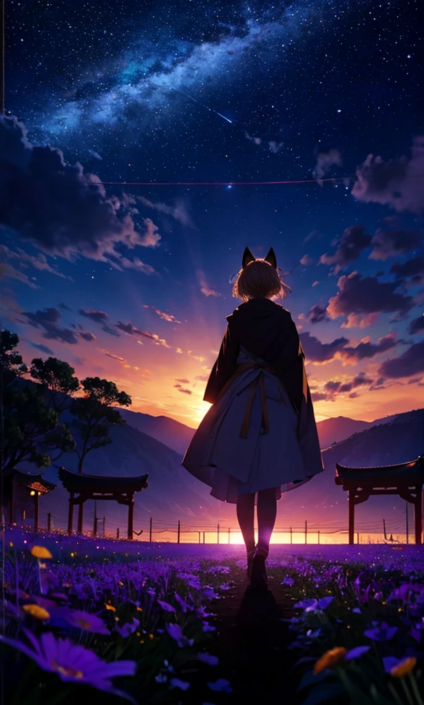 １people々々々々々々々々々々々々々々々々々々々,Woman with medium length blonde hair，Fox Ears，Long coat，Takageta， Dress Silhouette， Rear View，Space Sky, Flower Field，Colorful flowers，Dancing Petals，full moon，shrine，