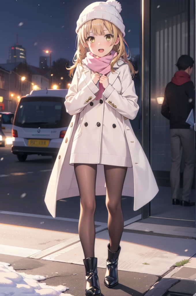 Irohaisshiki, isshiki iroha, Long Hair, Brown Hair, (Brown eyes:1.5), smile,Open your mouth,White Breath,low twin tail,Knitted hat,White scarf,Yellow long coat Open front,Pink v-neck sweater,Short denim,Black pantyhose,short boots,Walking,snowが降っている,snowが積もっている,moon,night,snow,snow,snow,snow,whole bodyがイラストに入るように, break outdoors, Building district,
break looking at viewer,whole body,
break (masterpiece:1.2), Highest quality, High resolution, unity 8k wallpaper, (figure:0.8), (Beautiful attention to detail:1.6), Highly detailed face, Perfect lighting, Highly detailed CG, (Perfect hands, Perfect Anatomy),