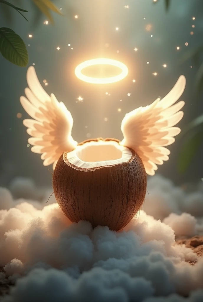 A brand with an empty coconut with angel wings and a halo 