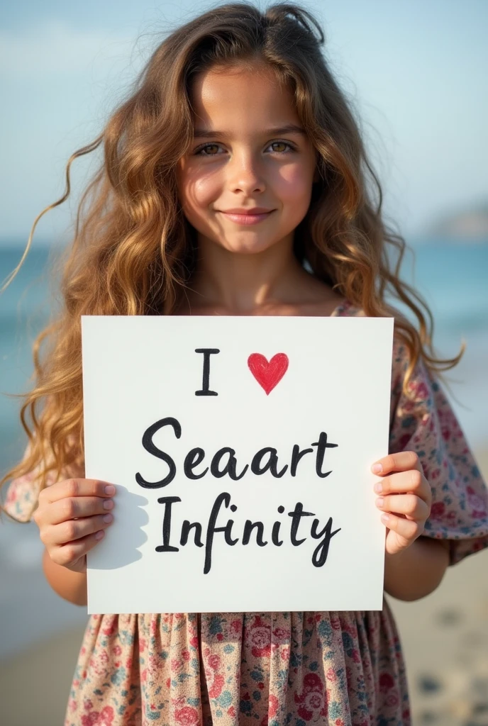 Beautiful girl with wavy long hair, bohemian dress, holding a white board with text "I Love Seaart Infinity" and showing it to the viewer