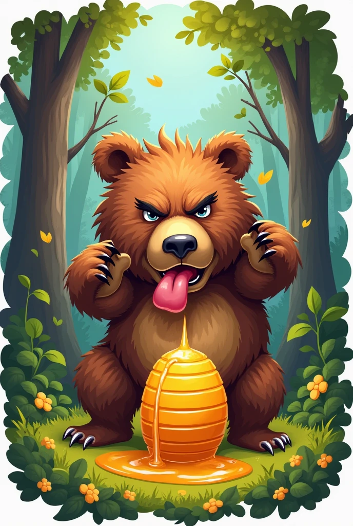 create a  sticker of a hungry bear with his tongue out trying to reach the honey