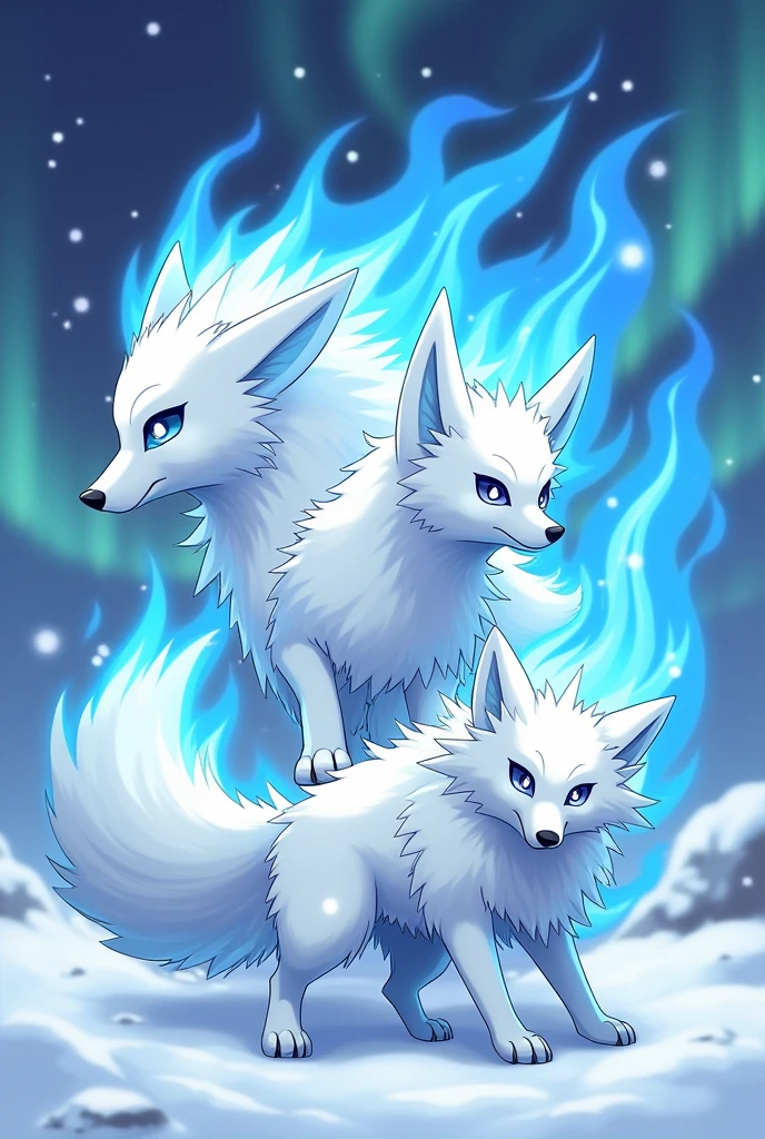 make a pokemon with three different stages of evolution shown
And the pokemon is a white artic fox with blue flames and has the ability blaze using the pokemon TGC art style