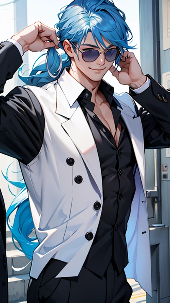 Black suit with white open shirt、Blue hair flowing down her back、Eyes showing through sunglasses、Handsome man holding candy and smiling while looking at camera、Hair up to the neck、clavicle、