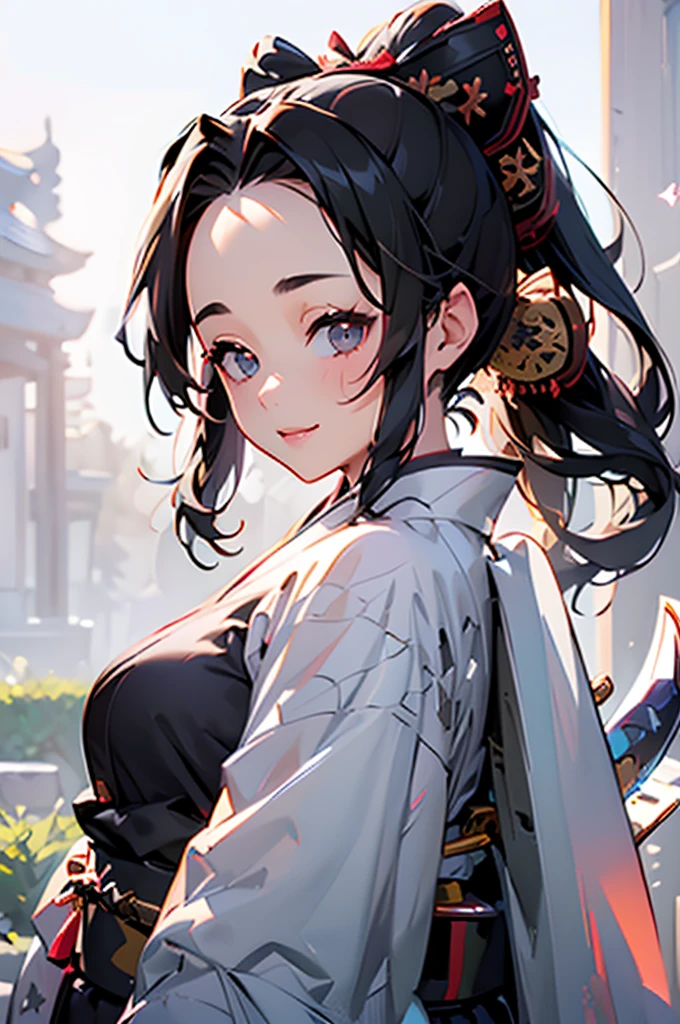 (((beautiful))), (((kimono, Big sword))), ((Black Hair, parted bangs, forehead, ponytail, hair ornaments, Chubby)), One Woman, Small breasts, Glowing Skin, (((Intricate details))), High resolution, ((Intricate details, Ultra-detailed)), Are standing, from front, wide shot, (looking at viewer, look at viewer), Red cheeks, smile, night, garden,