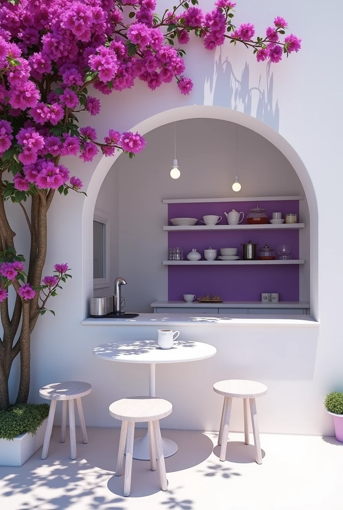 Minimalist tea shop in white with purple details that has the name BOUGA-DUST that does not have tables with bougainvillea flowers outside