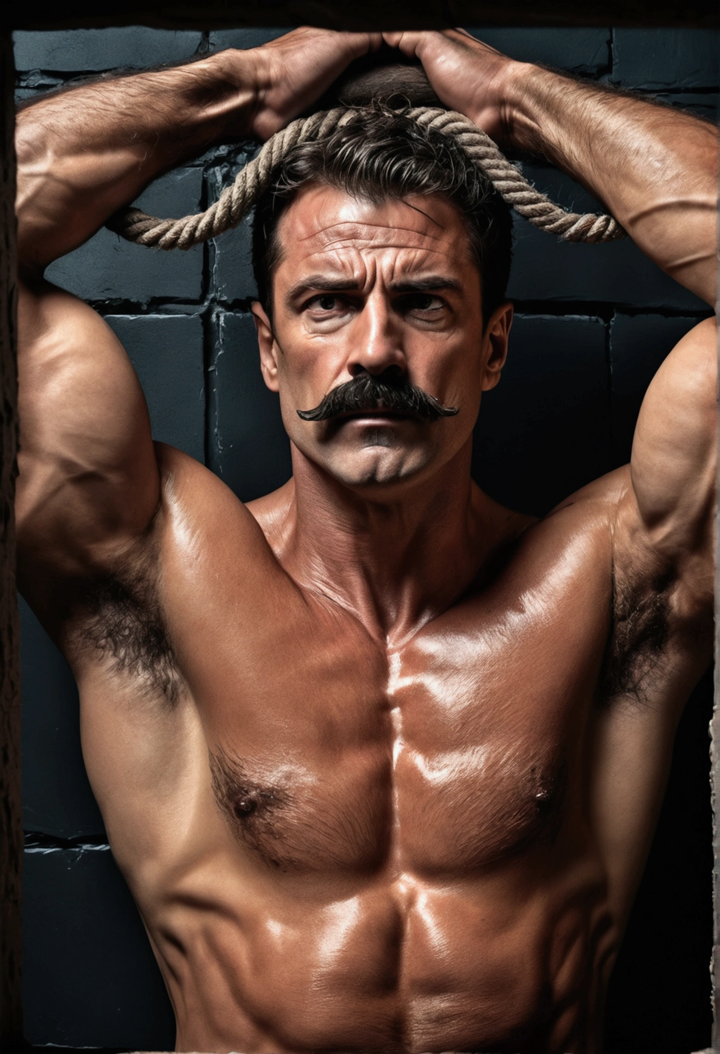 muscular fit man, shirtless, big pecs, tied up to wall, hands over head, very hairy chest, mustache, another man torturing him (best quality,4k,8k,highres,masterpiece:1.2),ultra-detailed,(realistic,photorealistic,photo-realistic:1.37),detailed portrait, chiaroscuro lighting, dramatic lighting, cinematic, dark moody atmosphere