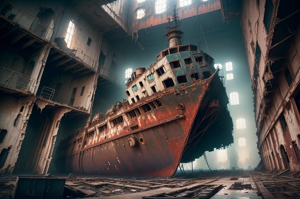 Arafad boat in a dirty building with many windows, abandoned steelworks, an abandoned old, Portrait of a sunken ship, abandoned factory, surreal abandoned buildings, an abandoned, rusted silent hill, dark abandoned cyberpunk factory, full scenery shot, abandoned spaceship, abandoned, In a huge cave iron city, abandoned rocket ship, abandoned rocketship , (low angle shot 1.8) ( Camera shot close to the ground 1.8 )