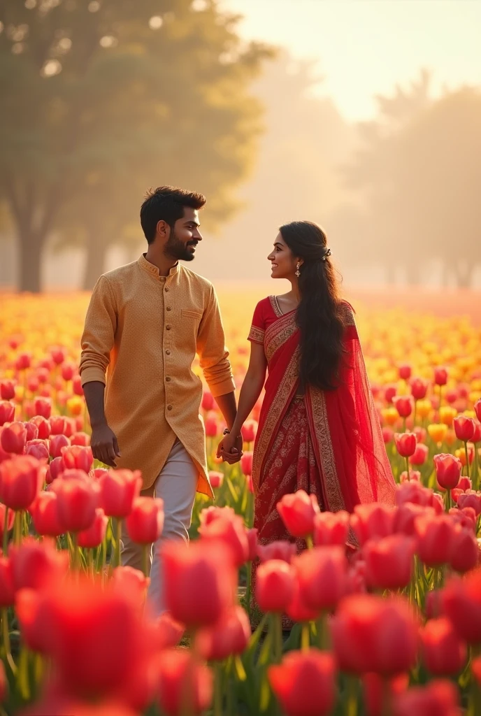 indian young couple walking in tulip field