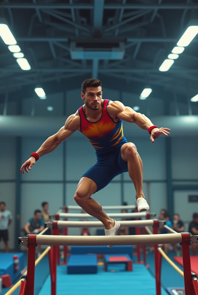 Make a male gymnast jump on the bars
