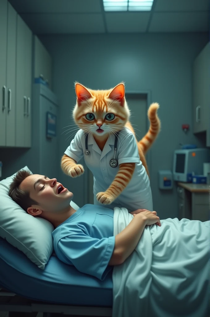 A cat carries a beautiful nurse to treat a patient who is having a seizure.