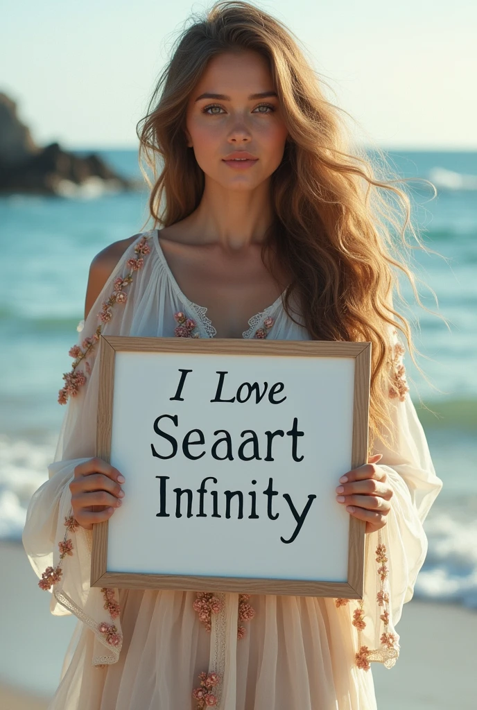 Beautiful girl with wavy long hair, bohemian dress, holding a white board with text "I Love Seaart Infinity" and showing it to the viewer