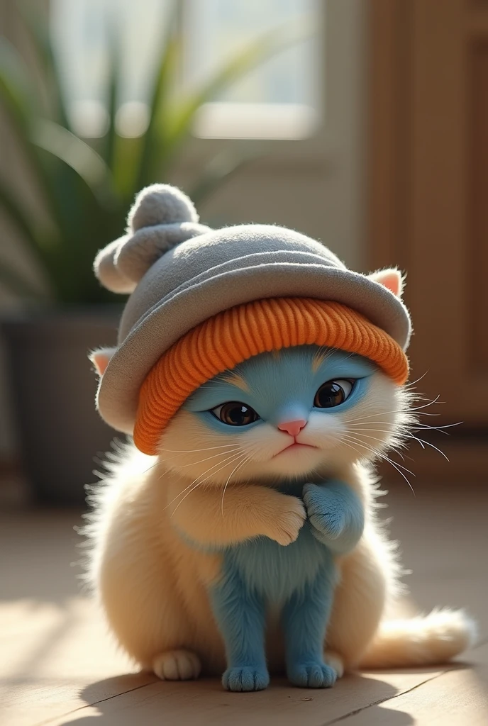 A beige cat with a grey hat takes a literal blue kitten with an orange hat to his home