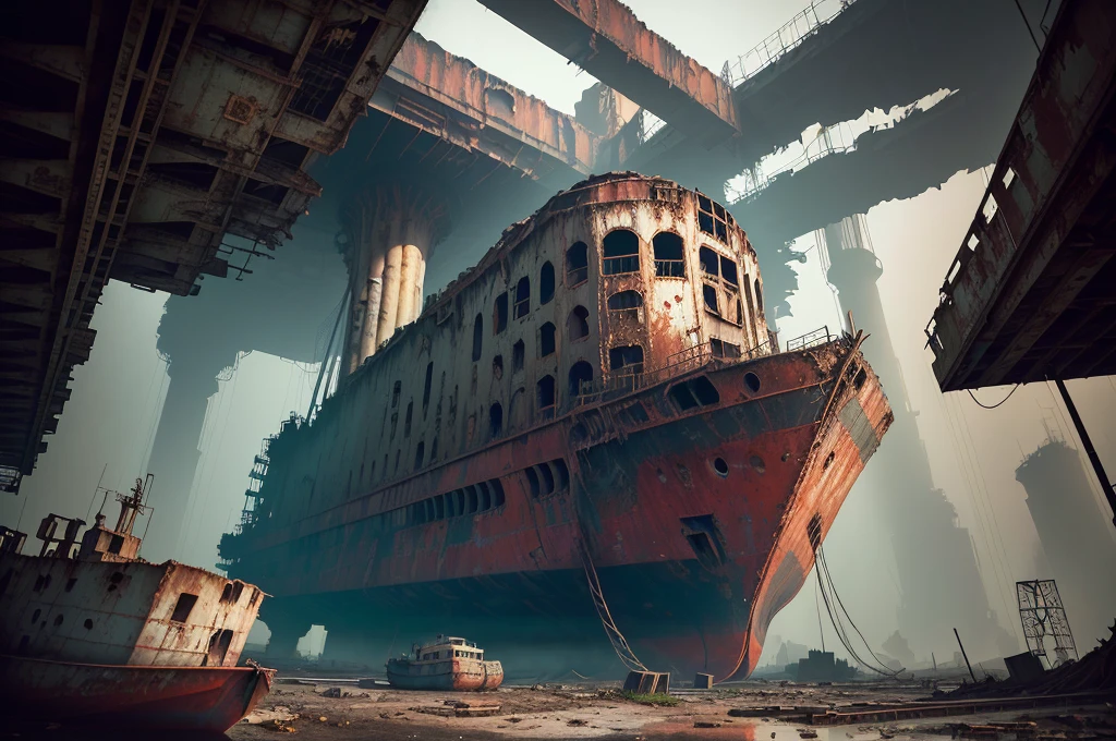 Arafad boat in a dirty building with many windows, abandoned steelworks, an abandoned old, Portrait of a sunken ship, abandoned factory, surreal abandoned buildings, an abandoned, rusted silent hill, dark abandoned cyberpunk factory, full scenery shot, abandoned spaceship, abandoned, In a huge cave iron city, abandoned rocket ship, abandoned rocketship , (low angle shot 1.8) ( Camera shot close to the ground 1.8 )
