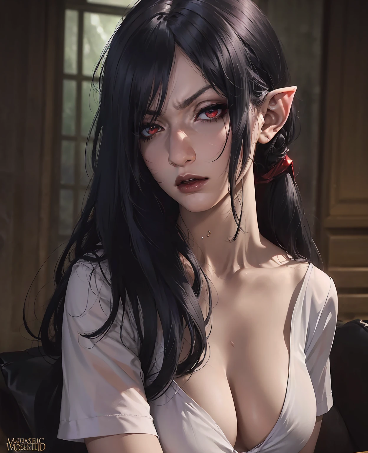 a devilish woman with black hair, pale skin, extremely detailed face, beautiful detailed eyes, high cheekbones, beautifully detailed lips, red eyes, wearing an elf-like costume, dark and mysterious setting, dramatic lighting, moody atmosphere, fantasy, digital art, illustration, concept art, dark fantasy, cinematic, (best quality,4k,8k,highres,masterpiece:1.2),ultra-detailed,(realistic,photorealistic,photo-realistic:1.37)