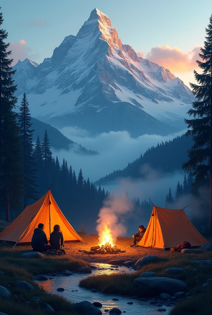 Make a picture of camps and mountains with tents and campfires 

