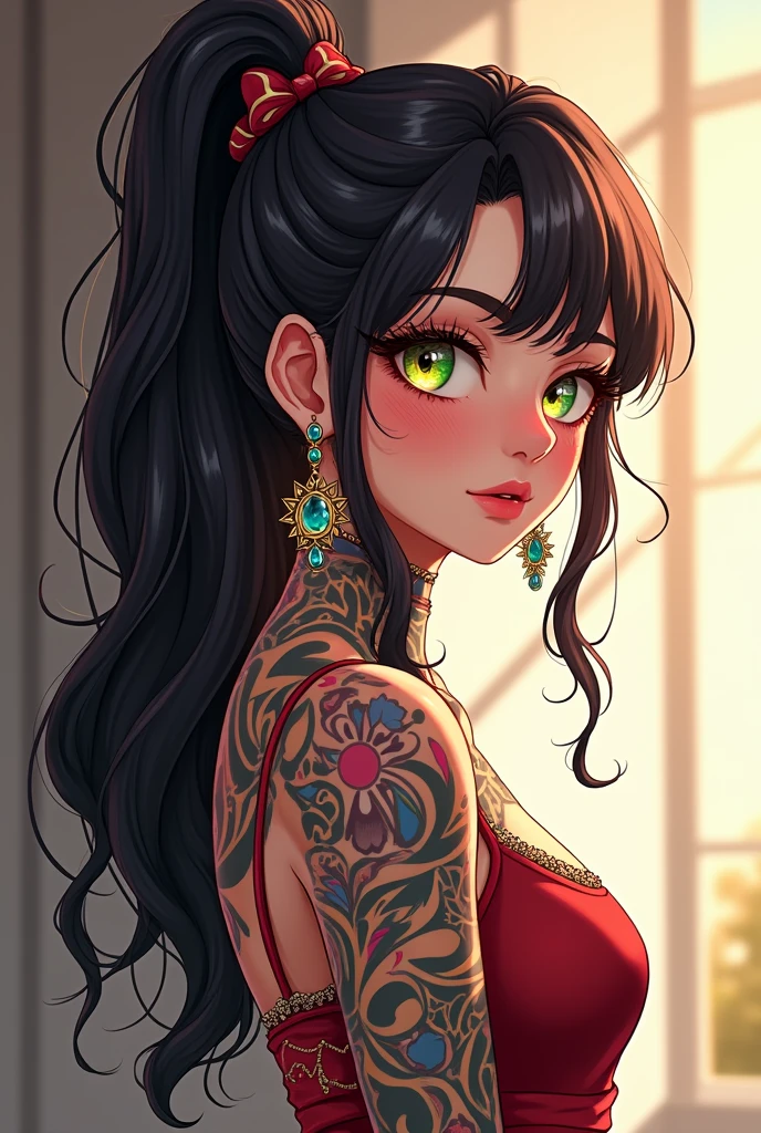 Anime-style woman, thin, thin, whole body, Full of tattoos, Lots of earrings, Beautiful and shiny hair, Rainbow Eyes, Slanted Eyes, Wavy Hair, Kind and charming, Expose your shoulders, Delicate and sexy collarbone, Attractive oval face, double eyelid, Pink Lips, Small Nose, Concentrated face, Ultra-high resolution, Very detailed, Graceful posture, Nice, ultra-thin, Tribal tattoo body paint, Glowing Skin, Realistic Background, sunlight