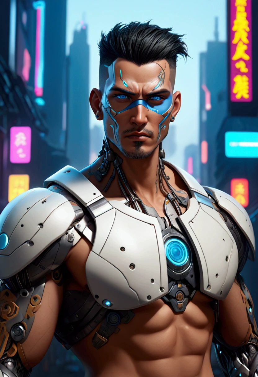 (best quality, Art, animation styling, Full of details), Upper body cut of a man with an Indian warrior feel, A man with a thick facial bone structure, A man with a thick neck and developed trapezius muscles, official anime art illustration, White person with blue eyes, Cartoon of a man wearing a mask on his face, protruding eyes, semi-realistic cyberpunk style, Portrait of a cyberpunk man, cyberpunk art ultrarealistic 8k, cyberpunk style , hyper realist, cyberpunk character, Trends in ArtStation, Complete movie character, Trends in ArtStation 4k, Cyberpunk Cyborg Upper Body, Realistic upper body like a movie, A perfectly realistic cyberpunk hero., inc썩음ibly detailed, 8k, Ultra HD, Art, best quality, very detailed, convoluted, Expressing the upper body, Show me your waist, Cyborg, a machine-to-human ratio, Chest area full of visible machine parts, Machine parts for abs too, All below the neck is mechanical, Attaching machine parts to the face, Strong light emission on waist belt, A brightly lit city background, dark colored machine, full body pose, whole body