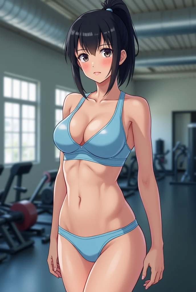 (underwear,CalvinKlein_lingerie:1.4),((pale blue sports bra,pale blue panties:1.6)),(straight-on:1.3),(full-body shot:1.5),((in the gym)),(short ponytail:1.5),very short hair,,(small breasts),araffe asian woman,the hime cut, sui ishida with black hair, Yoshitomo Nara, chiho ashima, shikamimi, black hime cut hair, kimi takemura, with short hair, kotegawa yui, yuuki hagure,cinematic lighting,(8k, masterpiece, best quality, raw photo), blush, parted lips, looking at the viewer,in the gym,(Perfect Anatomy:1.3),delicate and pretty,face perfect,Beautiful detailed eyes,Fair skin,Real Human Skin,pores,((thin legs)),(Dark hair)