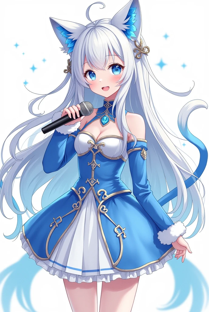 a drawing of a magical girl with anime aesthetics who is an idol with long white hair and cat ears and tail, wearing a short skirt and with a microphone in her hand singing, The dress is very showy and colorful in blue tones, and white